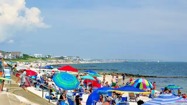 Busy summer beach near the Beach Hut